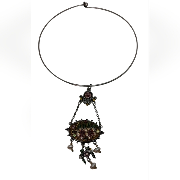 Art Nouveau Drop Necklace Silver Enamel Mother-of-Pearl  ​Boho Art Nouveau Revival Floral Pendant on Silver Tone Torque Wire Collar